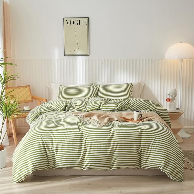 LifeTB King Size Comforter Set Modern Striped Comforter Set King Green White Stripes Pattern Comforter 3 Pieces Lightweight Bedding Comforter Set Boho Stripe Soft Fluffy Comforter with 2 Pillowcases