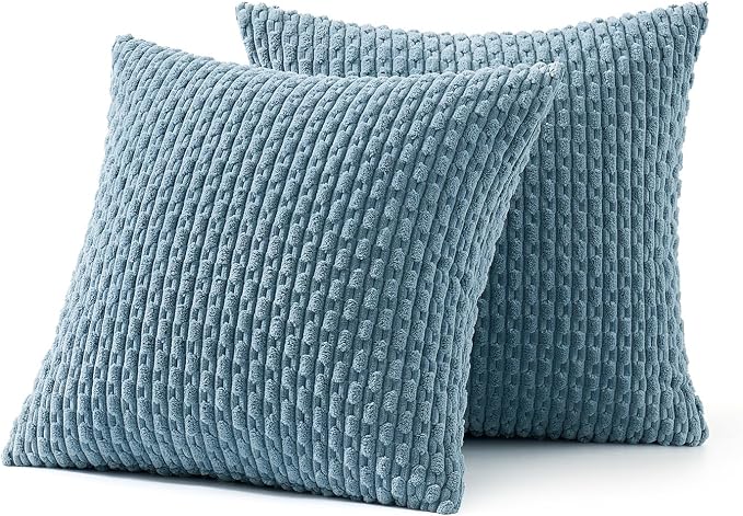MIULEE Decorative Throw Pillow Covers 18x18 Blue Grey Textured Corduroy | Pack of 2 Striped Pillow Covers Modern Farmhouse Coastal Home Decor for Couch Bed Sofa Living Room