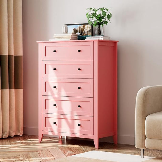 Garvee 5 Drawer Dresser for Bedroom, Modern Tall Chest of Drawers with Metal Knobs, Wooden Clothes Storage Organizer for Closet, Nursery, Living Room, Apartment, Pink | Lacquered Finish, Metal Knobs, Clothes Storage Organizer for Closet, Nursery, Livin...