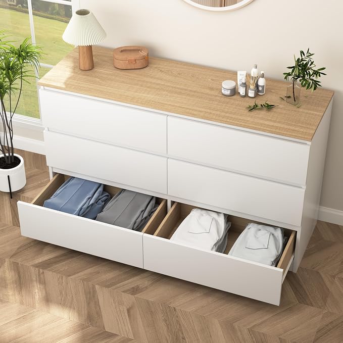 Vibe & Dine White Dresser for Bedroom, Modern 6 Drawer Double Dresser, Wide Chest of Drawers Free Handles for Closet, Living Room, Hallway