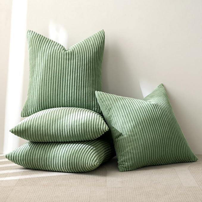 MIULEE Soft Corduroy Decorative Throw Pillow Covers Sage Green 18x18 | Set of 4, Mordern Nordic Home Decor, All Same Color Set, Boho Farmhouse Cushion Covers for Couch Bed Sofa Living Room