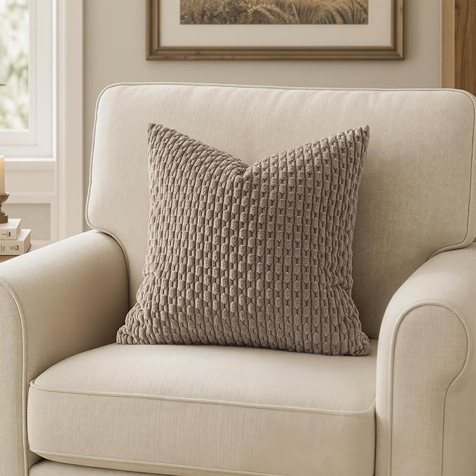 MIULEE Decorative Throw Pillow Covers 18x18 Neutral Brown Textured Corduroy | Pack of 2 Striped Pillow Covers Modern Farmhouse Fall Home Decor for Couch Bed Sofa Living Room
