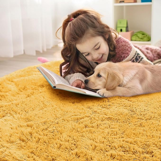OLANLY Mustard Yellow Round Rugs for Bedroom - Machine Washable, 2 ft Circle Area Rugs for Living Room, Soft and Fluffy Shaggy Carpet for Teen Girl and Boys, Nursery Rooms, Dorms, Home Decor Aesthetic