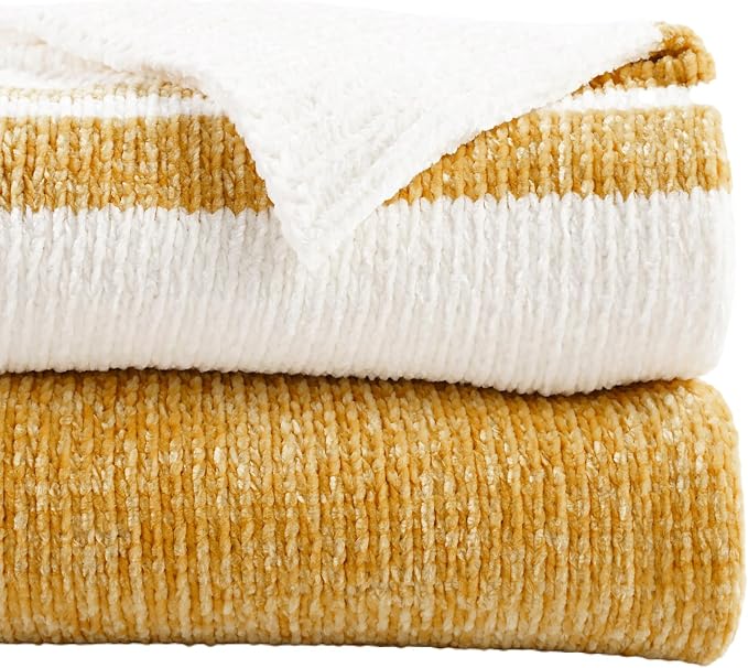 BATTILO HOME Mustard Yellow Throw Blanket for Couch, Soft Chenille Throw Blanket Knit Throw Blankets for Bed, Sofa,Chair, Farmhouse Throw Blankets, Fall Throw Blanket,51"x67"