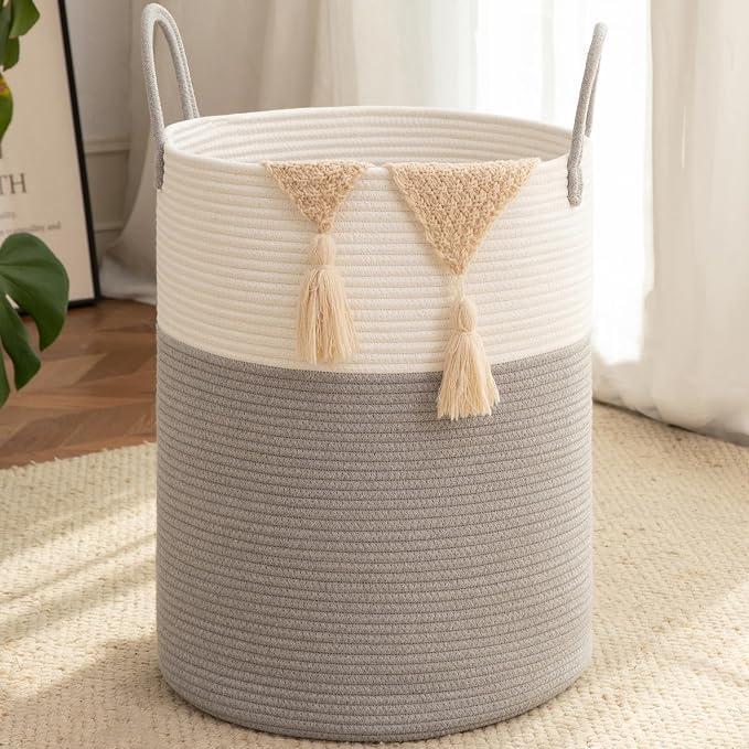 OIAHOMY 60L Nursery Hamper Laundry Basket Laundry Hamper Grey/White | collapsible Blanket Basket Cotton Rope Woven Basket Dirty Clothes Hamper Baby Hamper Tall Clothes Hamper with Handles