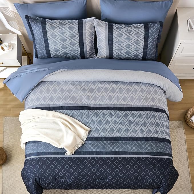 Cottolester Queen Comforter Set,Mineral Blue Boho Striped Bed in a Bag, | 7 Pieces Bed Set,Soft Microfiber Complete Bedding Sets