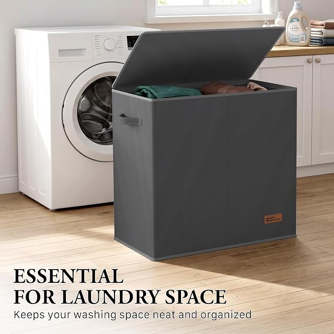 Simple Houseware Double Laundry Hamper with Lid & Removable Bags, Dark Gray | Heavy Duty 600D Polyester, Water-Resistant Surface