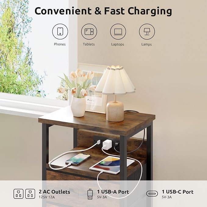 Lazzanto Night Stand with Charger Station, 3 Fabric Drawers, Brown | Nightstand, Bedside Table, Open Shelf, Built in USB-A, USB-C Port & AC Outlets, For Bedroom, Dorm, Living Room