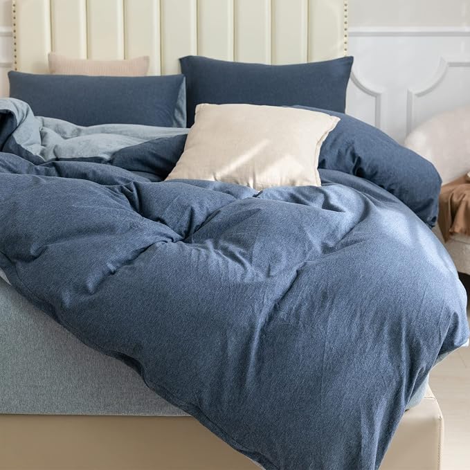 PURE ERA Jersey Knit Duvet Cover Set 100% T-Shirt Cotton Super Soft Comfy 3pc Bedding Set with Zipper Closure (Solid Navy/Blueish Grey, King) | 100% Cotton, 3 Piece Set, T Shirt Soft, Breathable, Envelope Closure Pillowcases, Hidden Zipper, 8 Ties, No ...