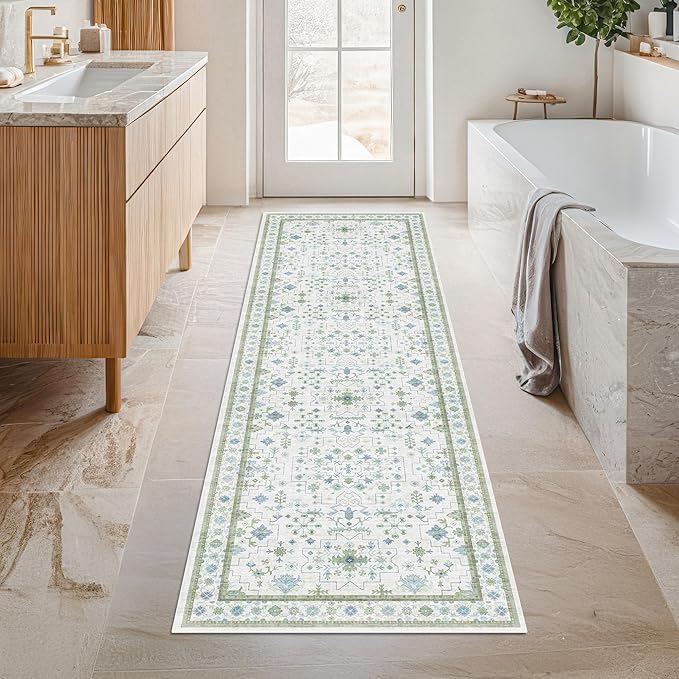 Washable Oushak 2x6 Bathroom Runner Rug, Eclectic Boho Floral Pastel, Non Slip Low Pile Stain Resistant Small Throw Rug for Bedroom, Laundry Room, Powder Room, Cream Green
