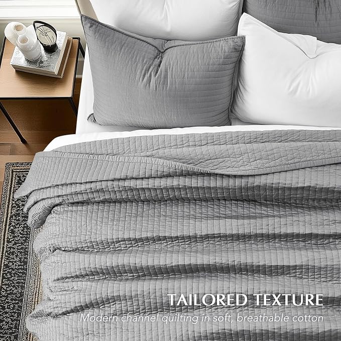 EVERGRACEHOME Cotton Sateen Quilt Set, Queen Size, Fog Gray | 100% Cotton, Channel Stitch Coverlet Bedspread, Pre-Washed Lightweight Soft Bedding Set for All Season, 3 Piece, with 2 Shams