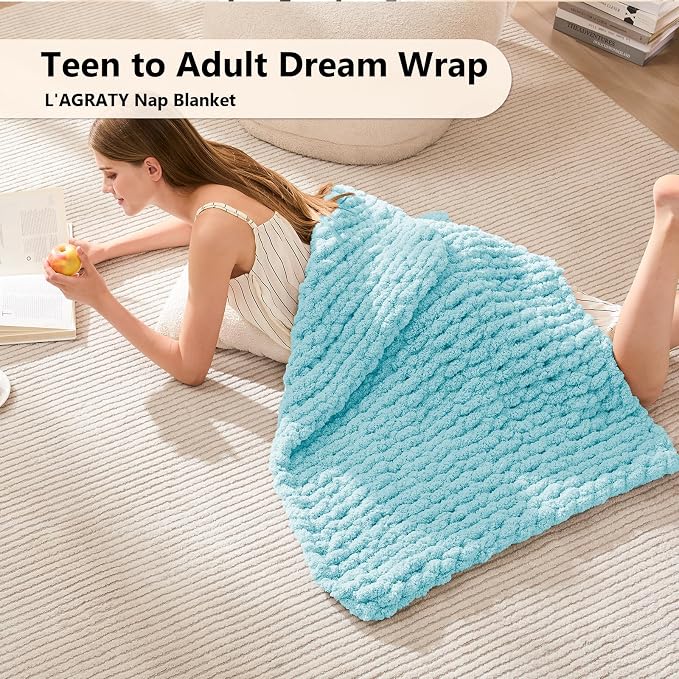 L'AGRATY Chunky Knit Throw Blanket for Couch, 30 x 40 Inches, Light Blue | Handmade Chenille Crochet Blanket for Sofa Bed, Thick Cable Knitted Blankets for Room Home Decor, Birthday Gift for Women Mom