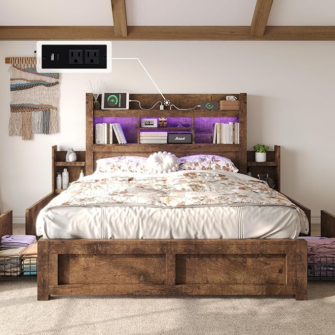 LUXOAK Full Bed Frame with Storage, Bookcase Headboard, Rustic Brown | 49.6" Headboard, Wood Platform Bed, Charging Station, Bedside Storage, 4 Storage Drawers, No Box Spring Needed, Farmhouse