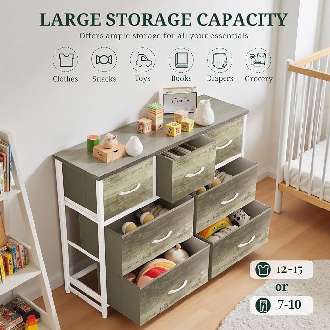 7-Drawer Dresser for Bedroom, Anti-Tip Wide Storage Organizer Fabric | Chest of Drawers TV Stand for 45" TV with Wooden Top and Metal Frame for Closet, Living Room, Hallway, Entryway, Greige Oak