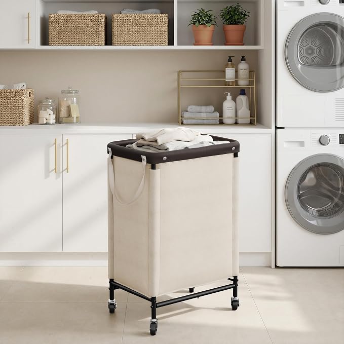 StorageWorks Laundry Hamper with Wheels and Removable Liner Bag, Beige, 90L | Laundry Hamper with Wheels & Removable Liner, Beige Rolling Cart for Bedroom, Bathroom, Apartment