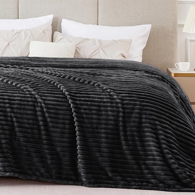 BEDELITE 3D Ribbed Jacquard Black King Size Blankets for Bed, 108x90 Inch | Soft Warm Decorative Fluffy Blanket, Cozy Fuzzy Lightweight Plush Fleece Throw Blankets for Bed, Room Decor, Gift for Women