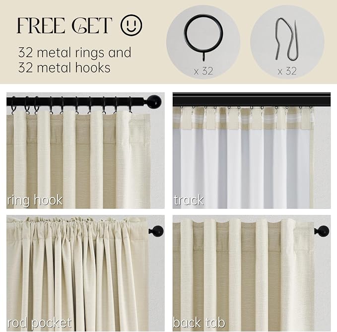 Topfinel Cream White Linen Blackout Curtains 63 Inches Long 2 Panels for Small Window Natural Cream Boho Farmhouse Linen Blend Texture Insulated Hook Belt Back Tab Pocket Pleated Drapes (W52 x L63)