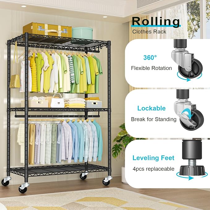 FUTASSI Rolling Clothes Rack, Clothing Racks for Hanging Clothes, Black | P3 Plus Heavy Duty Garment Rack with Wheels, Freestanding Portable Closet Racks 45" W x 14" D x 78.5" H, Max Load 480 LBS