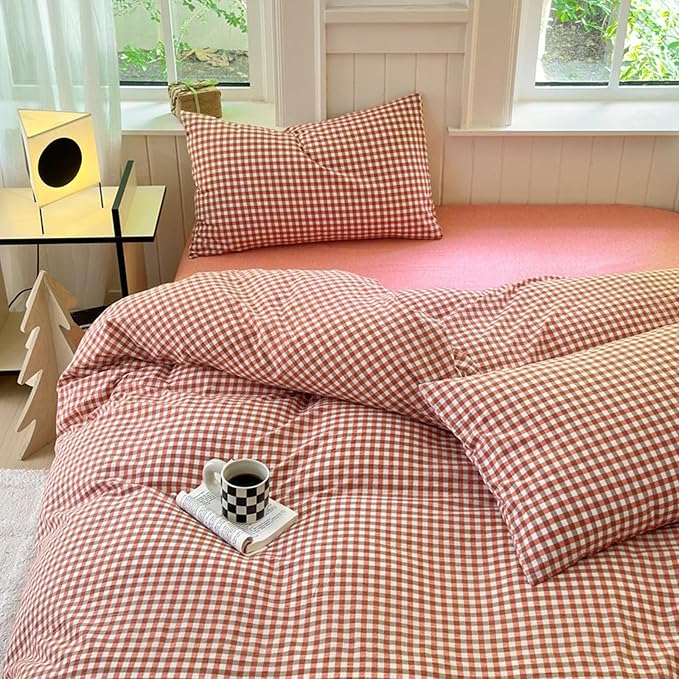 LifeTB Gingham Comforter Set King Modern Style Plaid Checkered Comforter Fluffy Soft Red Orange Grid Bedding Set Lightweight Gingham Bedding Comforter Farmhouse Checkered Comforter Set