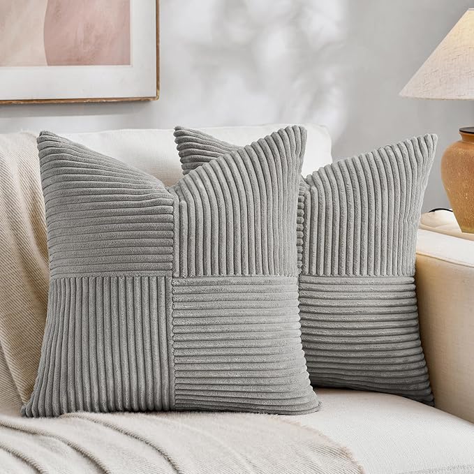 Fancy Homi 2 Packs Grey Decorative Throw Pillow Covers 18x18 Inch for Living Room Couch Bed Sofa, Rustic Farmhouse Boho Home Decor, Soft Corss Corduroy Patchwork Textured Square Cushion Case 45x45 cm