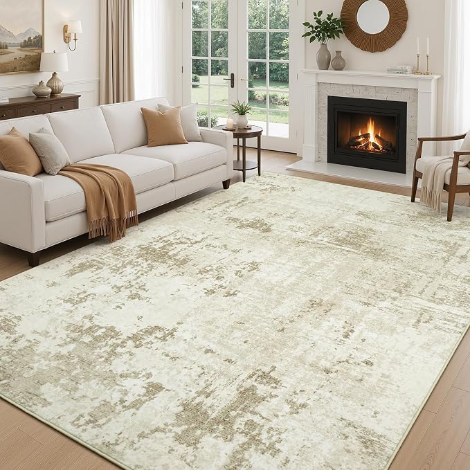 Rugflix 8x10 Area Rugs for Living Room, Washable Linen Beige Large Rug | Machine Washable; Stain-Resistant; Low Pile; Non-Slip; Modern Abstract; Carpet for Bedroom Dining Office Nursery Home