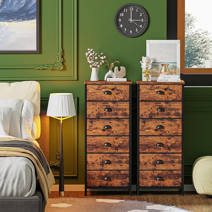 Furnulem Dresser for Bedroom, 6 Bins Tall Fabric Storage Drawers | Rustic Brown Chest of Drawers , Metal Frame, Wood Top,Tall Nightstand for Dorm,Closet, Bedside Furniture in Living Room