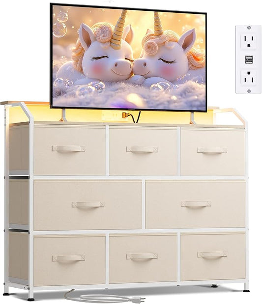 WLIVE Dresser for Bedroom, 8 Drawer LED Dresser with Outlet, Cream White | 8 roomy fabric drawers, LED ambient lighting, Built-in power outlet, Bedroom or living room, Chest of drawers