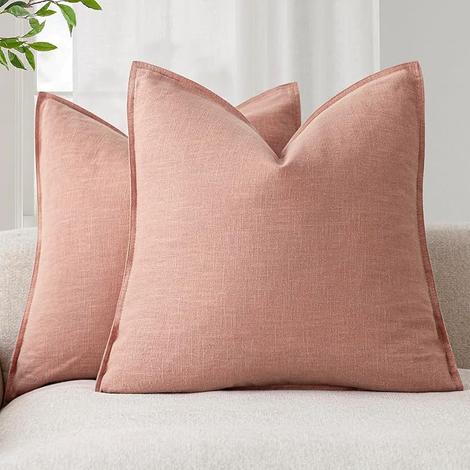 Foindtower Linen Solid Decorative Throw Pillow Covers 22x22 Inch Coral Pink | Pack of 2 Boho Farmhouse Morden Pillowcase,Accent Rustic Cushion Covers,Home Decor for Chair Couch Sofa Bedroom Living Room