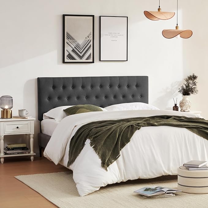 Tufted Upholstered Headboard King Size, Adjustable Height 37- 51 in, Black | Sturdy and Durable Solid Wood Bed Headboard, Fabric King Headboard Only, Modern Button Diamond Design Head Board