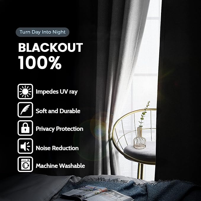 SimpleHome White 100% Blackout Curtains Room Darkening Living Room 63 Inch | Curtains for Bedroom,Thermal Insulated Grommet Window Drapes,Curtains for Living Room with Black Back,62 x 63 Inch,2 Panels