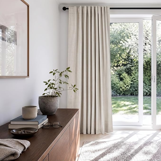 Linen Textured Total Blackout Sliding Door Curtains 90 Inches Long, Cream | 100% Blackout Shield Back Tab/Rod Pocket Sliding Door Curtains, Thermal Insulated Curtains 1 Panel Set, 100"W x 90"L