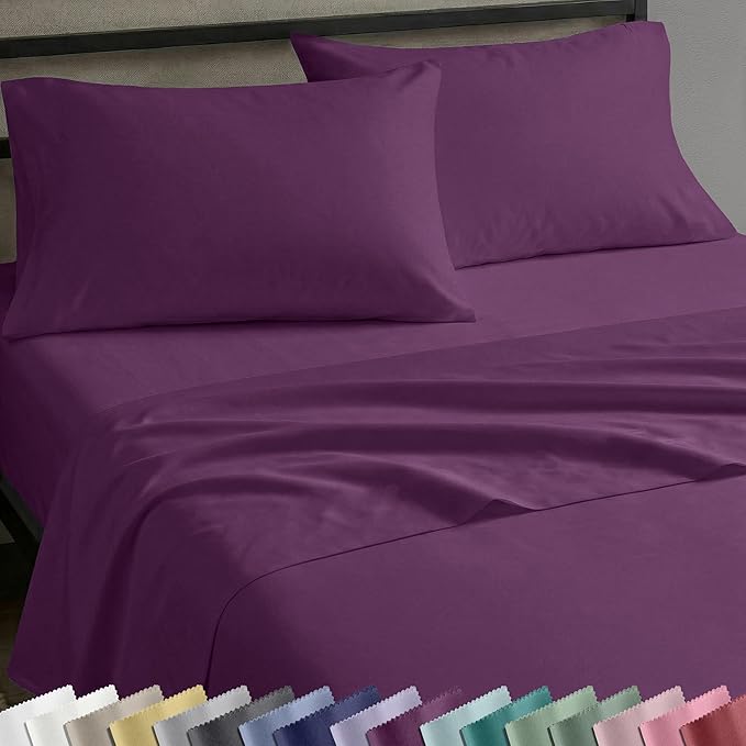 Soft Natural 100% Cotton Sateen Twin XL Sheet Sets, 3 Pcs, Purple Passion | Backed by Good Housekeeping Seal, Light & Breathable For Hot Sleepers, All-Around Elastic, Durable, Easy Care