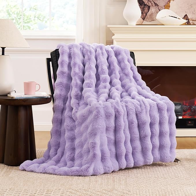 Cozy Bliss Faux Fur Throw Blanket for Couch, Fuzzy Soft Plush Thick Bubble Blanket for Sofa Bedroom Living Room, 60 * 80 Inches Lavender Purple