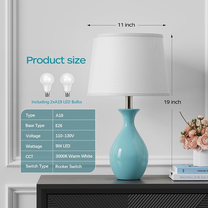 PARTPHONER Table Lamp Set of 2, Modern Ceramic Bedside Lamps for Night Stands, Classic Small Lamp Nightstand Lamp for Bedroom Living Room Desk End Table Rocker Swtich Sky Blue