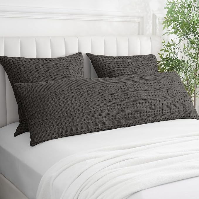 PHF 100% Cotton Waffle Body Pillowcase with Zipper, 1 Pack 20" x 54" Soft Skin-Friendly Pillow Sham, No Filling, Aesthetic Woven and Breathable Waffle Weave Body Pillow Cover for Bed, Charcoal Grey