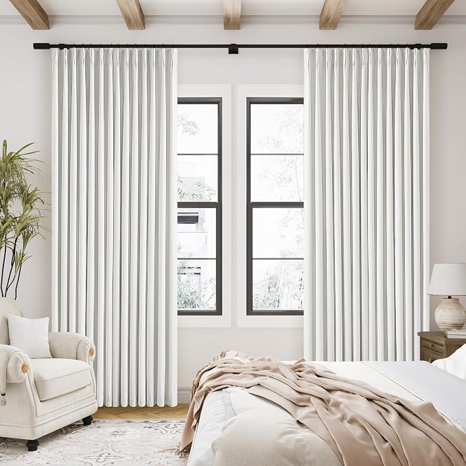 Off White Pinch Pleated 100% Blackout Curtains 102 Inches Long | Linen Blend Window Curtains with Dual Layer, for Bedroom Living Room, Thermal Insulated, Back Tab Pinch Pleat Drapes Ivory