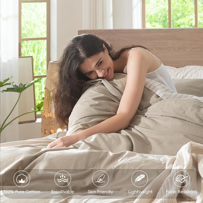 MooMee Duvet Cover Set 100% Washed Cotton Linen Like Cal King | Relaxed Linen-like Texture. Soft, Breathable & Long-lasting Comfort. Lightweight. Hidden Zipper with 8 Interior Corner Ties