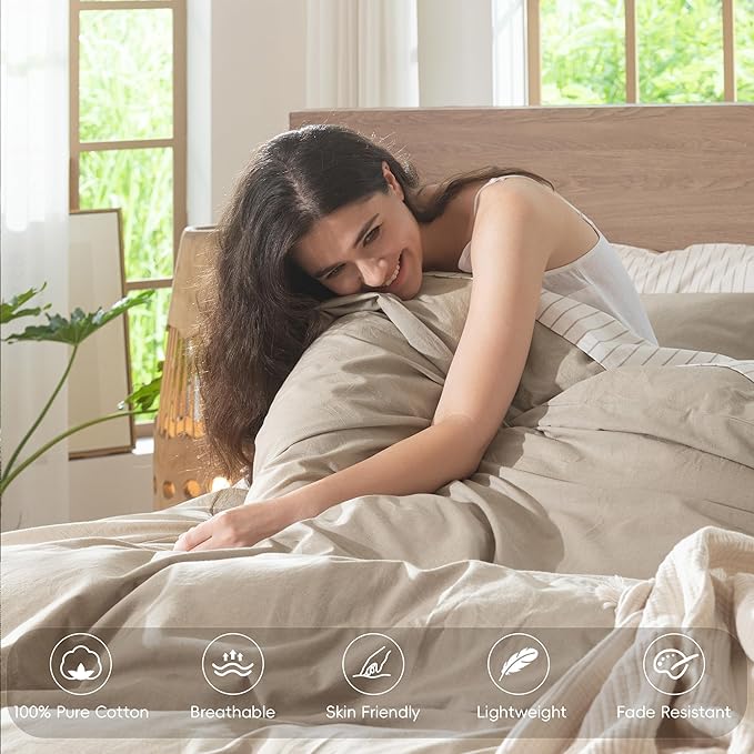 MooMee Duvet Cover Set 100% Washed Cotton Linen Like Oversized Full | Relaxed Linen-like Texture. Soft, Breathable & Long-lasting Comfort. Lightweight. Hidden Zipper with 8 Interior Corner Ties