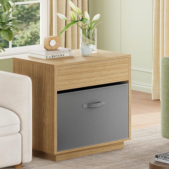 TEENFON Night Stand with Drawer, Nightstand with Metal Slide, Nightstands Bedside Table with Removable Fabric Drawer, Night Stands for Small Space, Bedroom, Natural