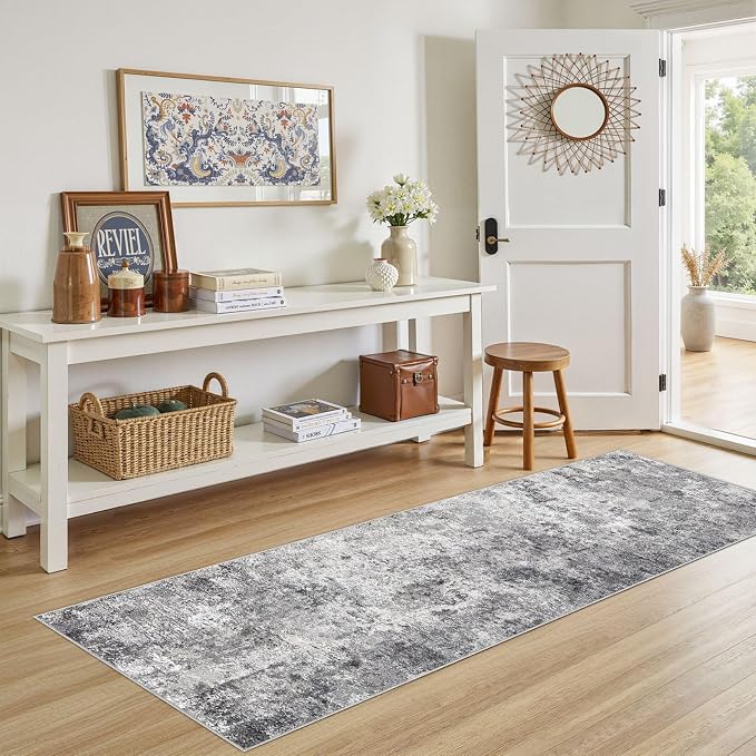 UERMEI 2x6 Washable Runner Rug for Hallway, Non Slip Low Pile Kitchen Carpet, Neutral Modern Abstract Indoor Floor Mat for Entryway Laundry, Kid & Pet Safe High Traffic Area, Grey