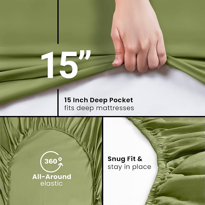 Queen Fitted Sheet, Ultra Soft Fits Up to 16 Inch Deep Pocket, Olive | Hotel Comfort, Cooling & Breathable Cotton like Polyester, Easy Fit, Wrinkle & Fade Resistant, Snug Fit, Easy Care, Oeko-Tex