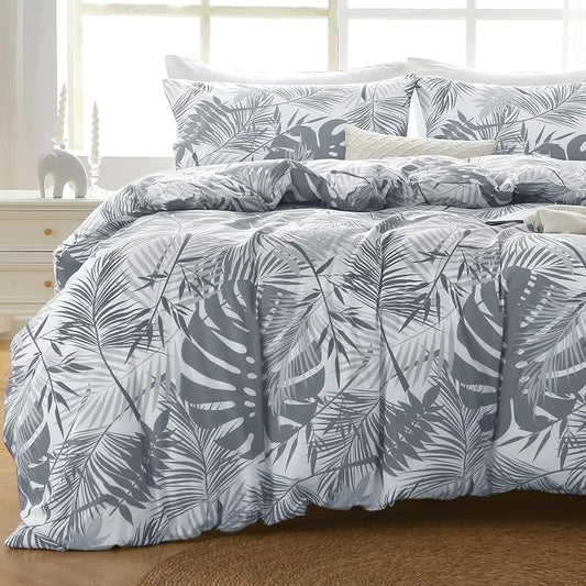 MUXHOMO Duvet Cover Twin/Twin XL Size Set, Reversible Floral BlackGrey Duvet Cover with Zipper Closure, 2 Pieces Botanical Patterns Soft Microfiber Bedding Set with 4 Ties (68"x90", 1 Pillow Case)