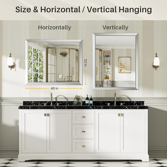 Bathroom Wall Mirror, Silver Brushed Nickel Metal Frame, 40x32 Inch | Anti-rust, HD tempered glass, for bathroom vanity, bedroom, living room, horizontal or vertical mount