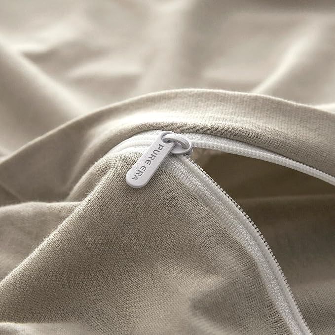 PURE ERA Jersey Knit Sheet Set Solid Dark Beige Twin | 100% Cotton, 3 Piece Set, T Shirt Soft, Breathable, Envelope Closure Pillowcases, Hidden Zipper, 8 Ties, No Insert, Modern