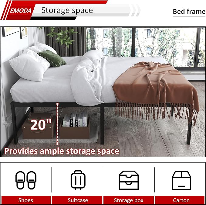 EMODA 20 Inch Queen Bed Frame No Box Spring Needed | Heavy Duty Metal Tall Platform Bed Frame Queen Size with Large Storage Space, Easy Assembly, Black