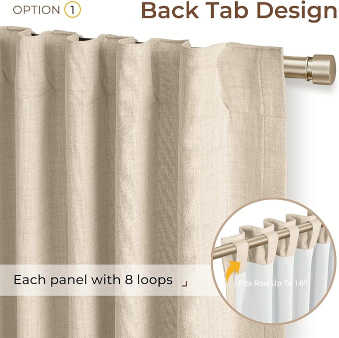 INOVADAY 100% Blackout Linen Curtains for Bedroom 50x90 Inches Natural Flax | Linen Textured, Light Blocking, Room Darkening, Thermal Insulated, Back Tab Top, Window Curtains for Living Room, 2 Panels