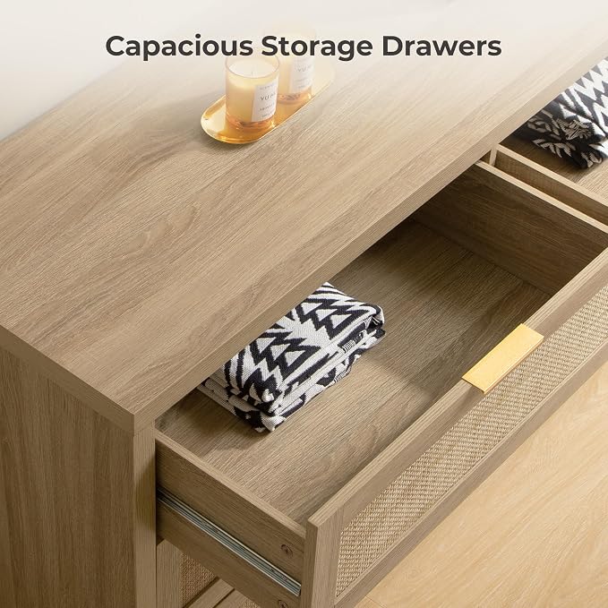 SICOATS Rattan Dressers for Bedroom Set 2, Large 6 Drawer Dresser | Long Chest of Drawers, Dresser Farmhouse TV Stand for Bedroom, Living Room, Nursery, Closet, Reclaimed Light Oak, 2 Pieces