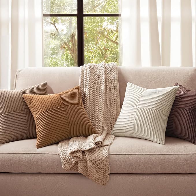 MIULEE Brown Throw Pillow Covers 20x20 Inch Set of 4 Boho Farmhouse Cushion Cases Neutral Gradient Corduroy Pillow Cases with Invisible Zipper Patchwork Home Decor for Couch Sofa Bed