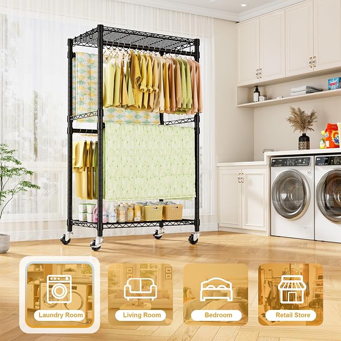 P4 Rolling Clothes Rack, Clothing Racks for Hanging Clothes, Black | Heavy Duty Garment Rack with Wheels, 2-Tier Free Standing Portable Closet Racks 35.5''W × 20.5''D × 80.5''H, Max Load 560Lbs