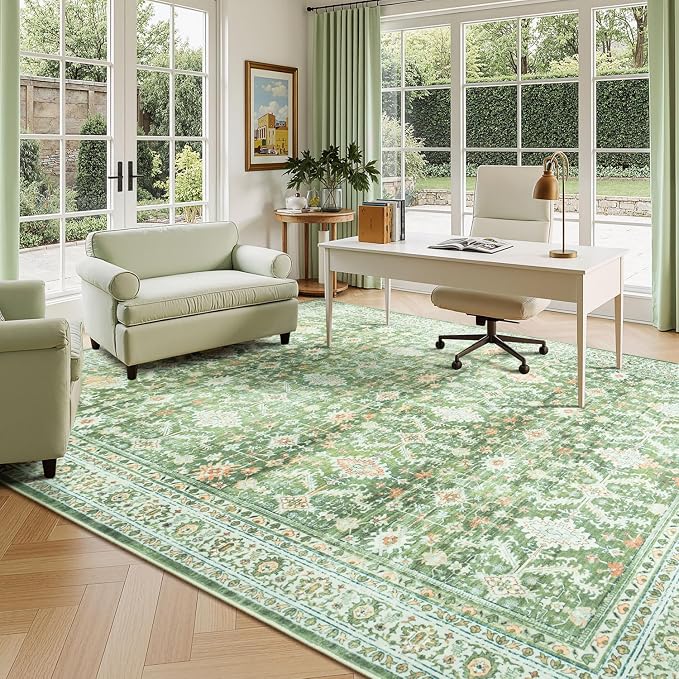 Area Rugs 8 x 10 for Living Room,Large Washable Carpet Light Green | Durable Stain Resistant,Kid Pet Friendly,Compatible with All Vacuums,0.25inch Low Pile for Bedroom Dining Room Home Office